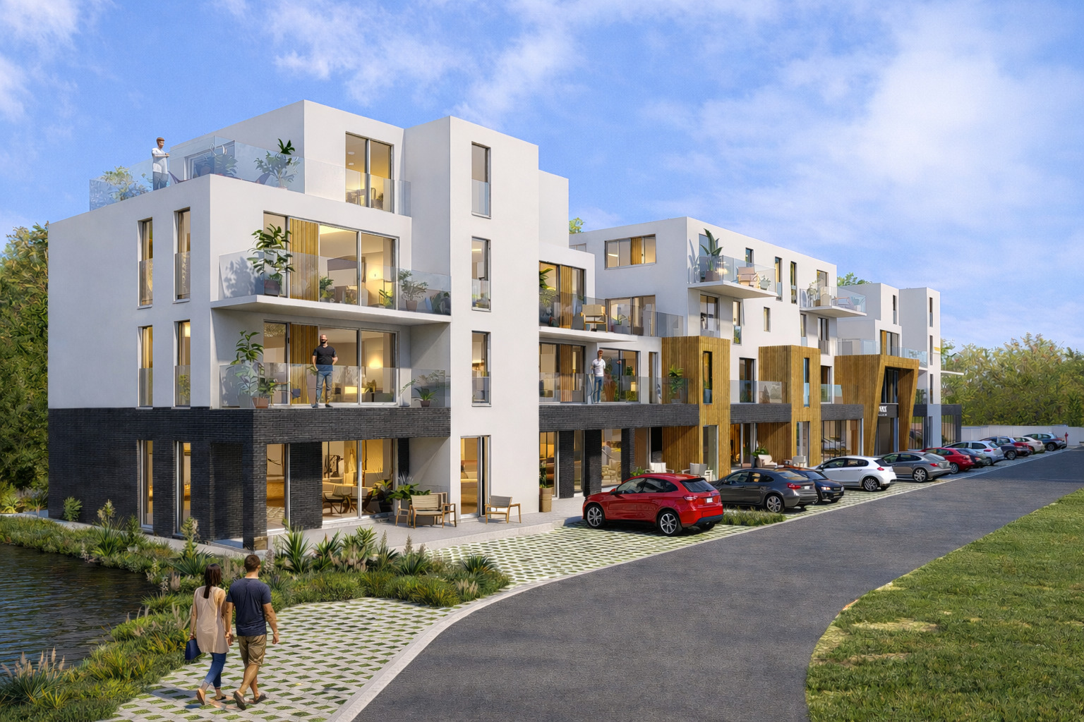 Zomerlinde nieuwbouwappartementen in Boom, avondzon door de bomen