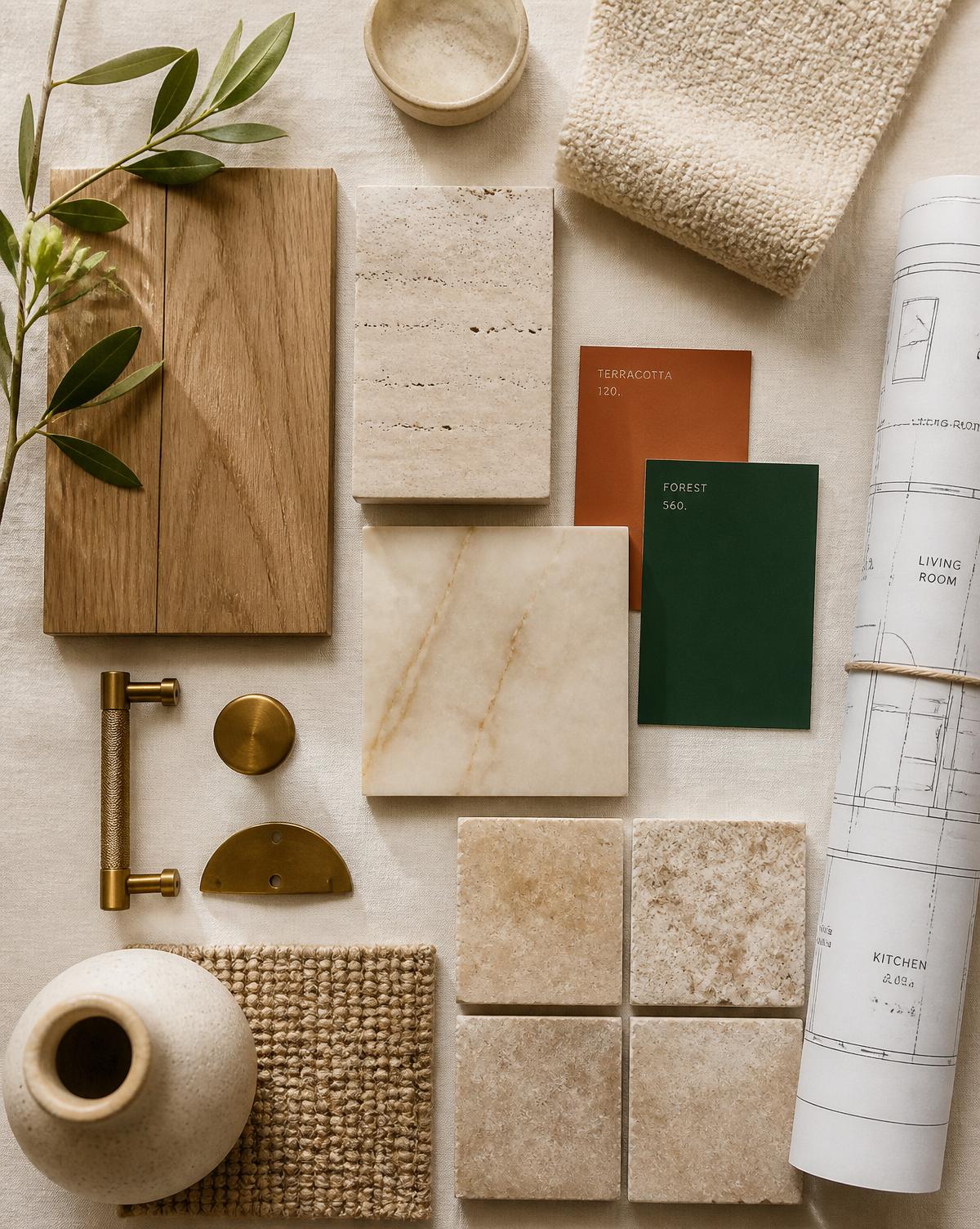 Flat-lay materialen en kleuren voor het interieur